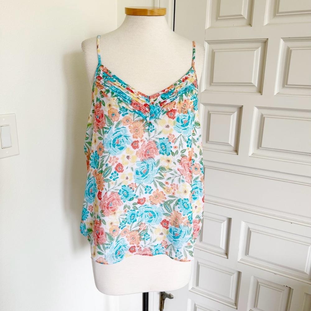NWT 1. State Tank Blouse Sketch Floral Blue Orange Yellow Summer Size Large